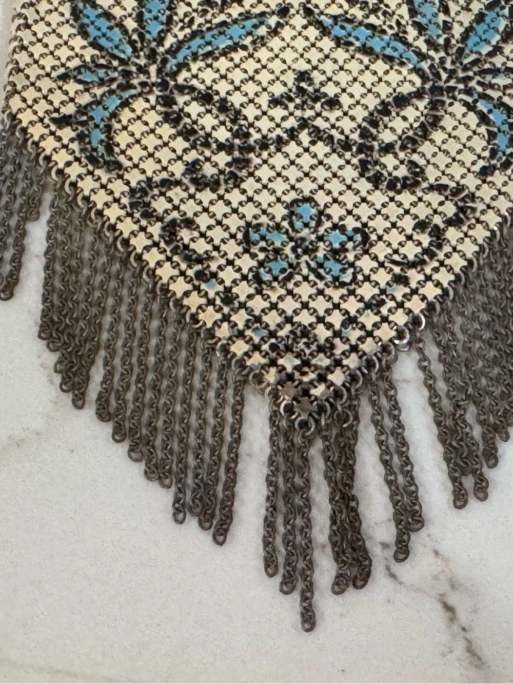 Antique Mandalian Mesh Enamel Flapper Purse Floral w/ Fringe